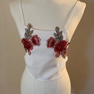 women's sz S white floral open back tie close spaghetti strap tank top